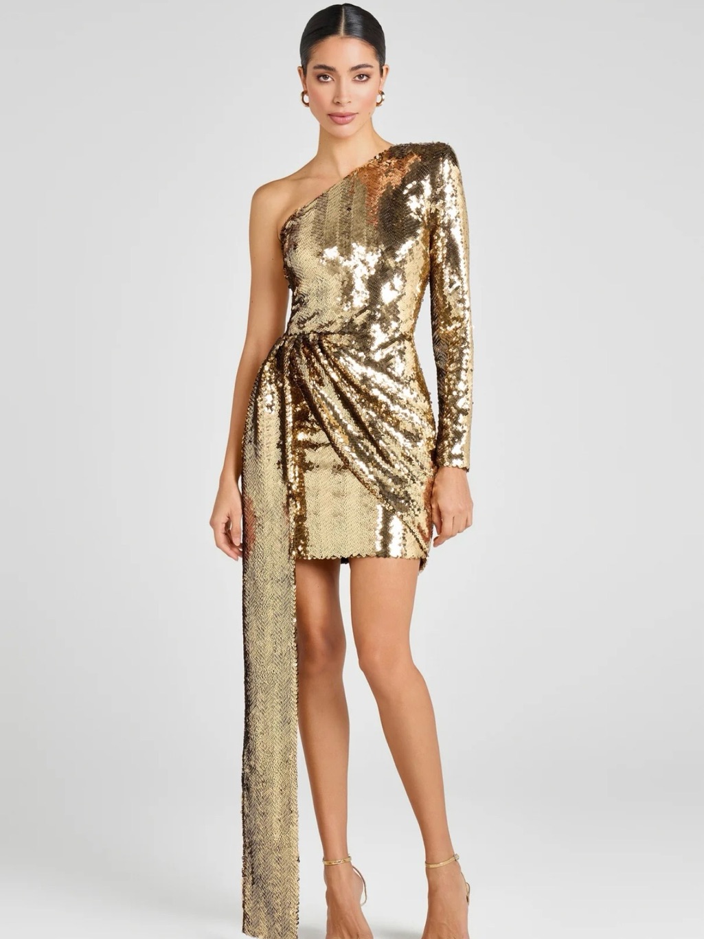 Nadine Merabi Gold One-Shoulder Sequin Mini Dress With Draped Sash